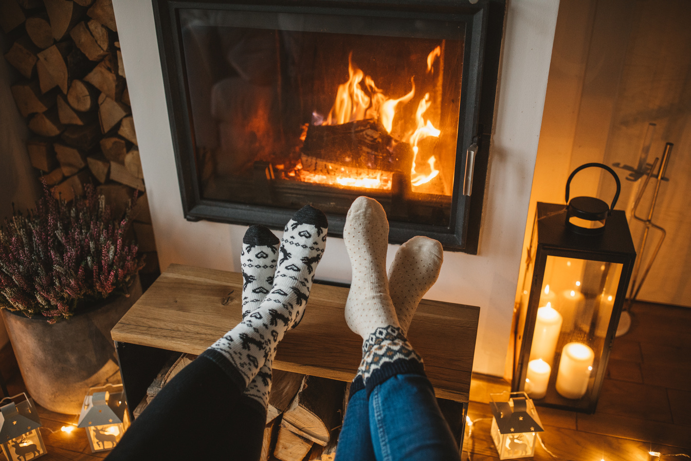 Winter day by fireplace